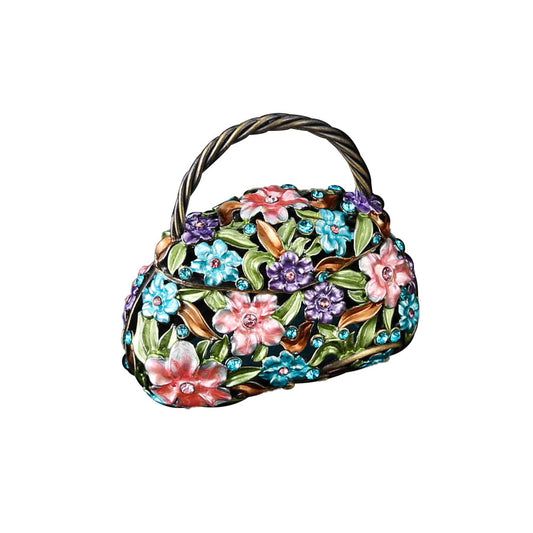 Vintage Enamel Floral Handbag Jewelry Box with Crystals – Elegant Ring & Earring Storage Case