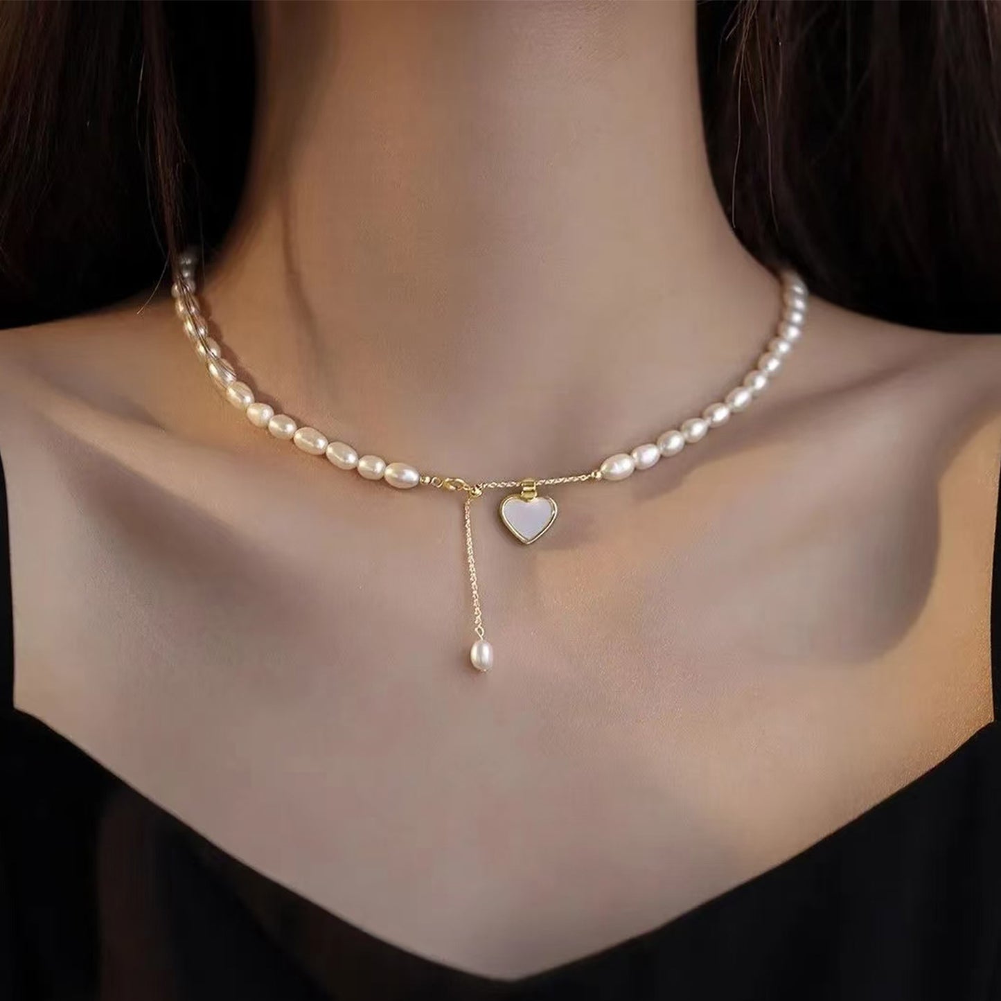 Dainty Freshwater Pearl Necklace – Heart Charm Edition