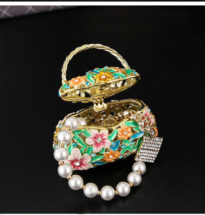 Vintage Enamel Floral Handbag Jewelry Box with Crystals – Elegant Ring & Earring Storage Case