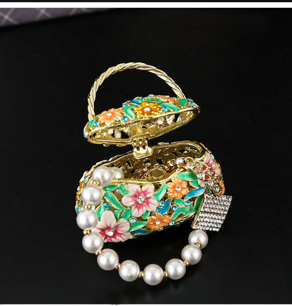 Vintage Enamel Floral Handbag Jewelry Box with Crystals – Elegant Ring & Earring Storage Case