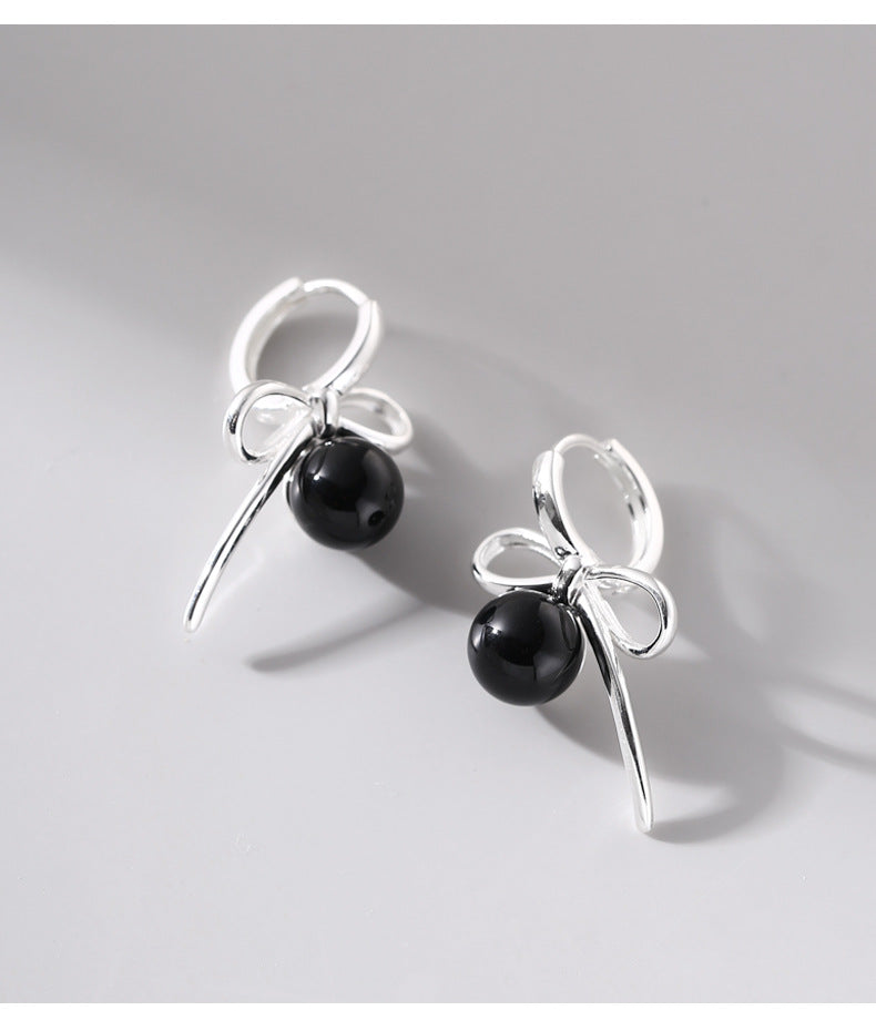 Bow Charm Pearl & Onyx Ear Cuffs
