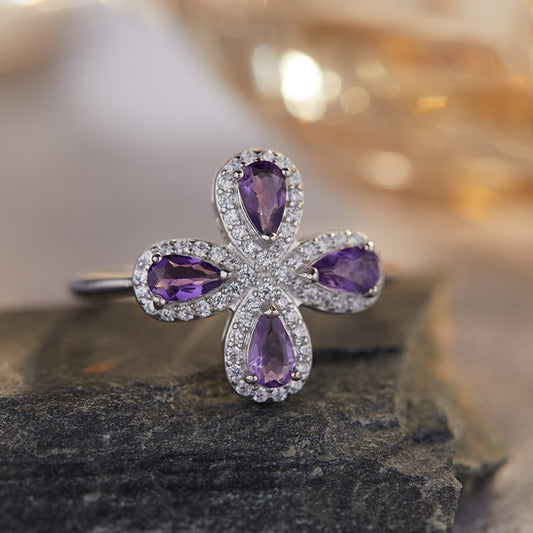 Energy Bloom Ring – Natural Gemstone Healing Flower Ring (Adjustable)