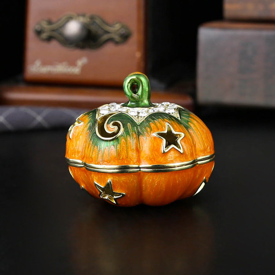 Luxury Enamel Pumpkin Jewelry Box – Crystal Trinket Holder, Vintage Halloween Gift