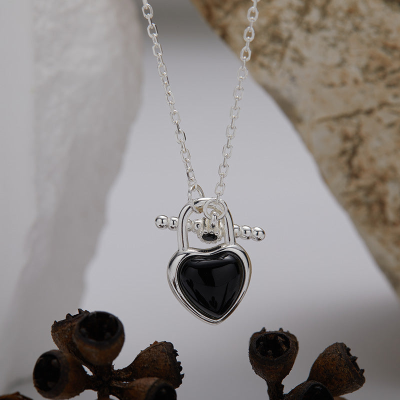 Silver Heart Lock Necklace with Black Onyx
