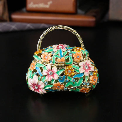 Vintage Enamel Floral Handbag Jewelry Box with Crystals – Elegant Ring & Earring Storage Case