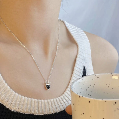Silver Heart Lock Necklace with Black Onyx