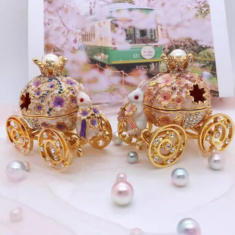 Fairytale Enamel Bunny Carriage Jewelry Box