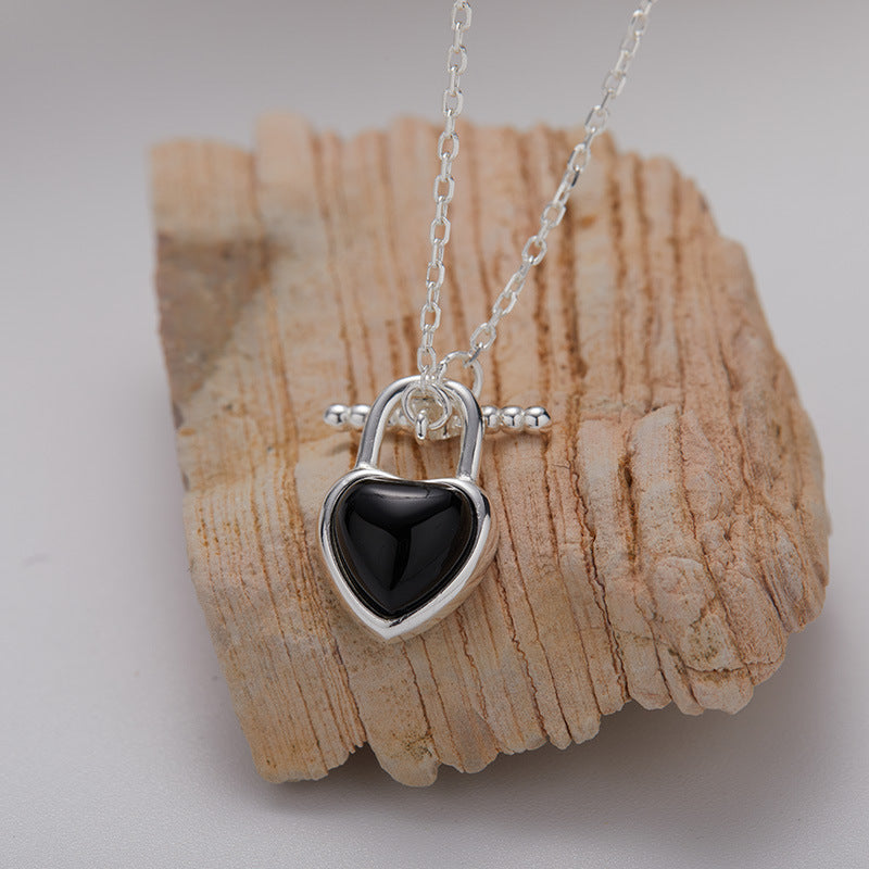 Silver Heart Lock Necklace with Black Onyx