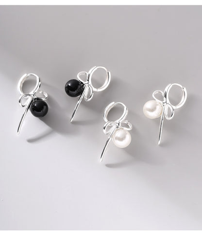 Bow Charm Pearl & Onyx Ear Cuffs
