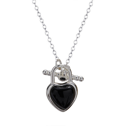 Silver Heart Lock Necklace with Black Onyx